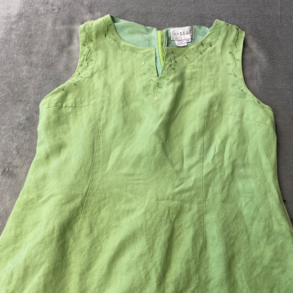 Papell Boutique Dress Womens 14 Green Linen Blend Embroidered V-Neck Maxi Slit